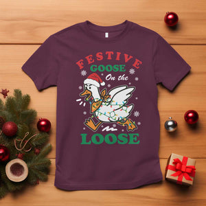 Funny Goose Christmas T Shirt Festive Goose On The Loose Xmas Holiday TS11 Maroon Print Your Wear