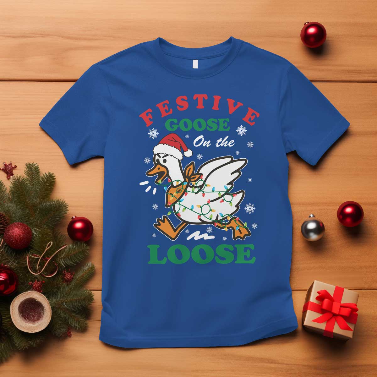 Funny Goose Christmas T Shirt Festive Goose On The Loose Xmas Holiday TS11 Royal Blue Print Your Wear