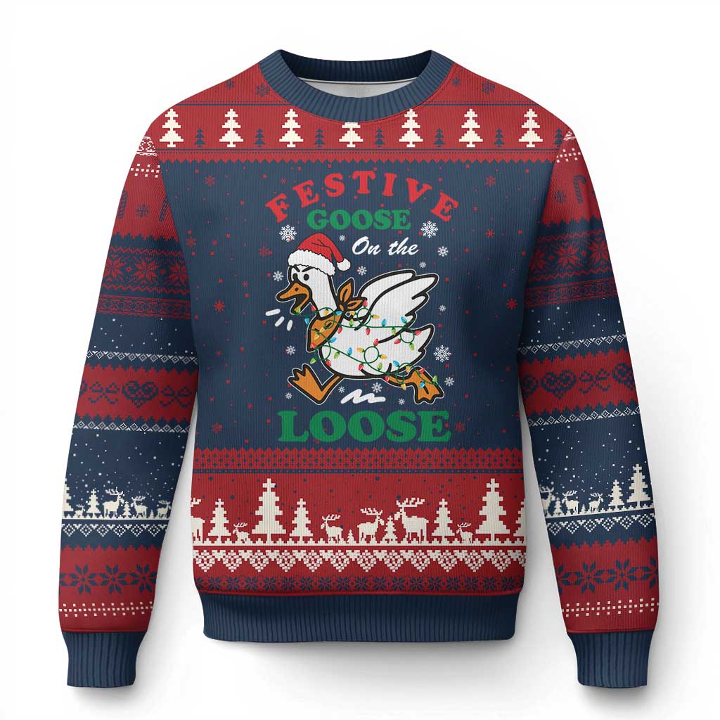 Funny Goose Xmas Ugly Christmas Sweater Festive Goose On The Loose Xmas Holiday TS11 Navy Red Print Your Wear
