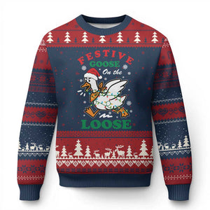 Funny Goose Xmas Ugly Christmas Sweater Festive Goose On The Loose Xmas Holiday TS11 Navy Red Print Your Wear