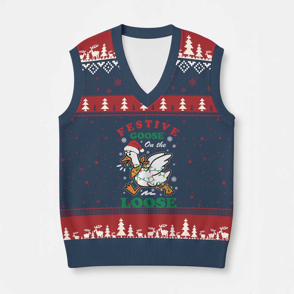 Funny Goose Xmas V-Neck Knit Sweater Vest Festive Goose On The Loose Xmas Holiday TS11 Navy Red Print Your Wear