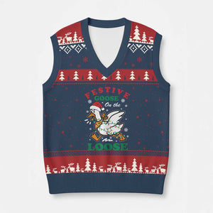 Funny Goose Xmas V-Neck Knit Sweater Vest Festive Goose On The Loose Xmas Holiday TS11 Navy Red Print Your Wear