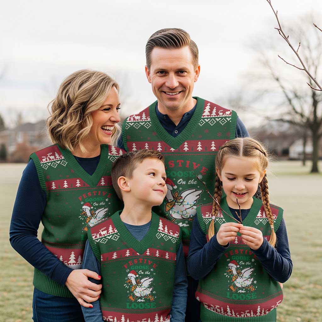 Funny Goose Xmas V-Neck Knit Sweater Vest Festive Goose On The Loose Xmas Holiday TS11 Red Green Print Your Wear