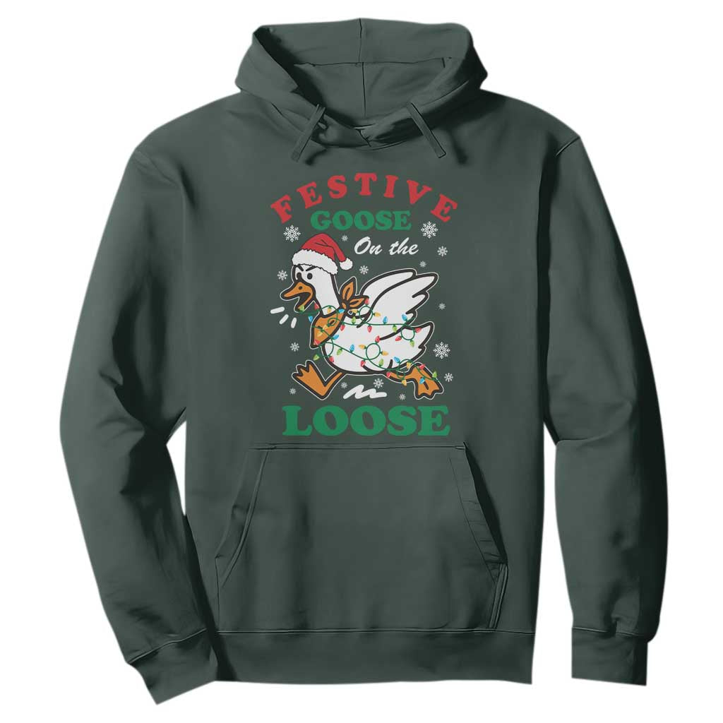 Funny Goose Christmas Hoodie Festive Goose On The Loose Xmas Holiday TS11 Dark Forest Green Print Your Wear