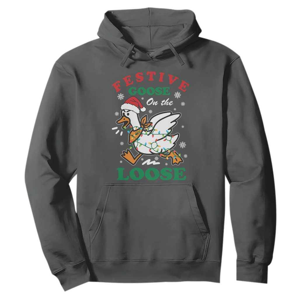 Funny Goose Christmas Hoodie Festive Goose On The Loose Xmas Holiday TS11 Dark Heather Print Your Wear