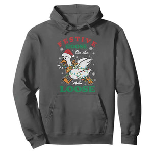Funny Goose Christmas Hoodie Festive Goose On The Loose Xmas Holiday TS11 Dark Heather Print Your Wear