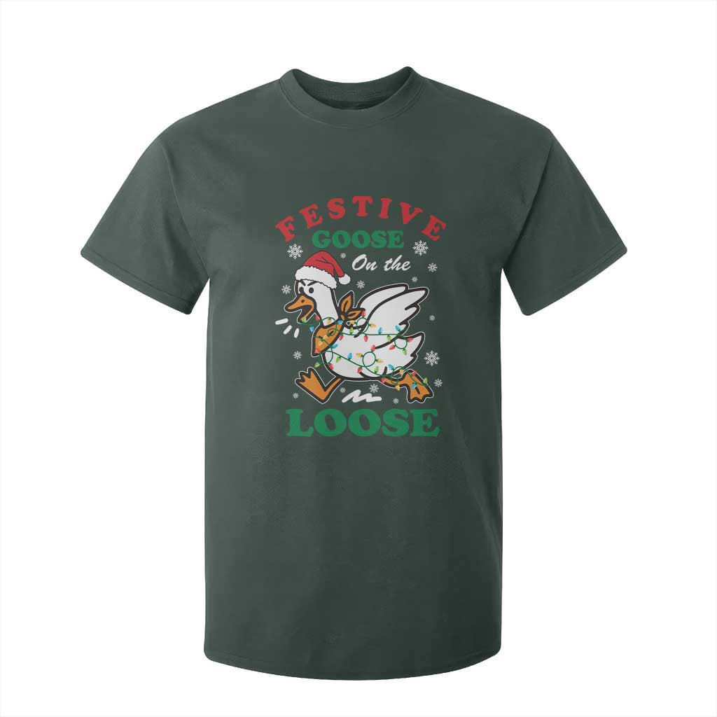 Funny Goose Christmas T Shirt For Kid Festive Goose On The Loose Xmas Holiday TS11 Dark Forest Green Print Your Wear