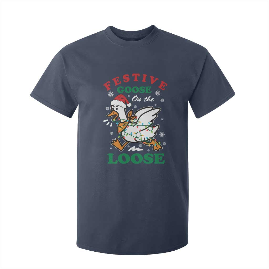 Funny Goose Christmas T Shirt For Kid Festive Goose On The Loose Xmas Holiday TS11 Navy Print Your Wear