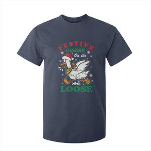 Funny Goose Christmas T Shirt For Kid Festive Goose On The Loose Xmas Holiday TS11 Navy Print Your Wear