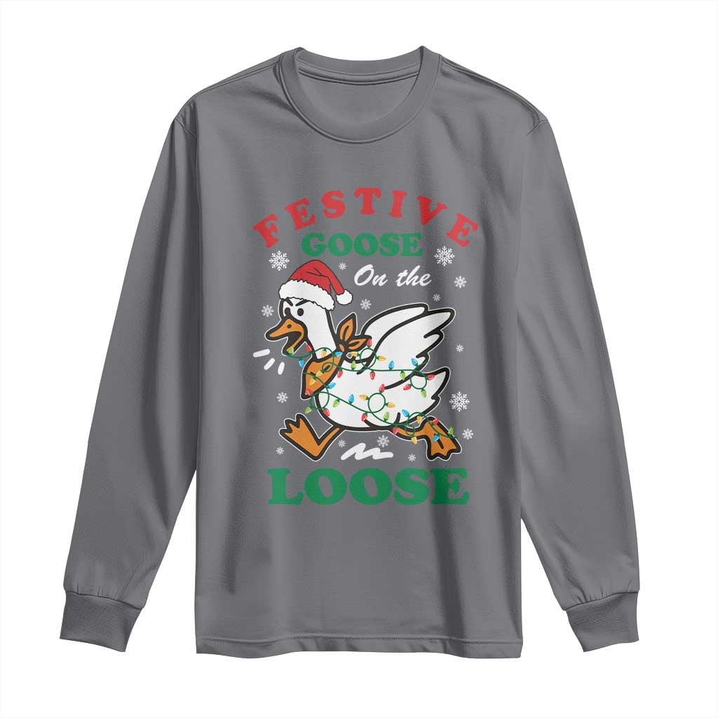 Funny Goose Christmas Long Sleeve Shirt Festive Goose On The Loose Xmas Holiday TS11 Charcoal Print Your Wear