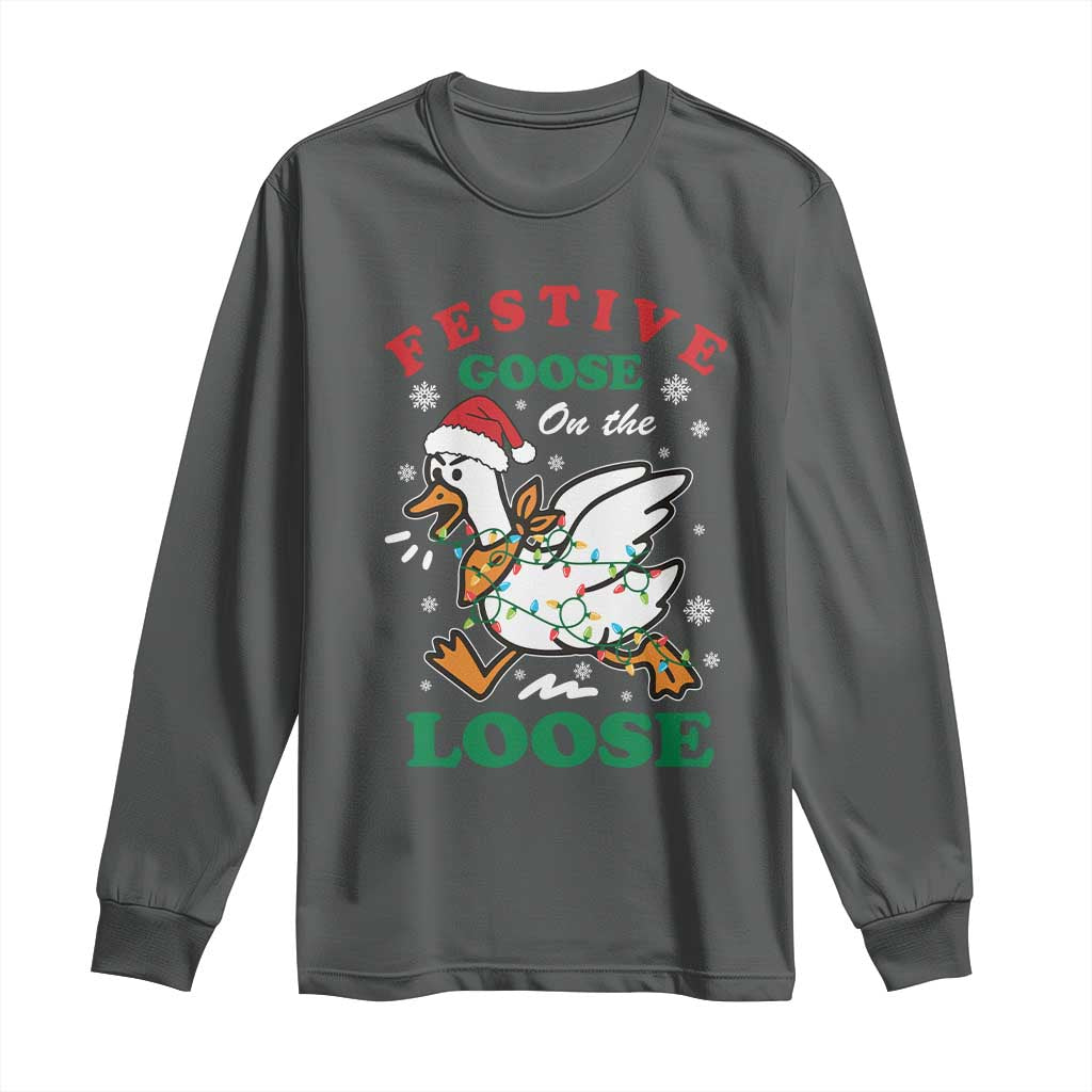 Funny Goose Christmas Long Sleeve Shirt Festive Goose On The Loose Xmas Holiday TS11 Dark Heather Print Your Wear