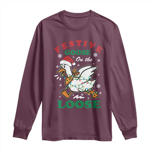 Funny Goose Christmas Long Sleeve Shirt Festive Goose On The Loose Xmas Holiday TS11 Maroon Print Your Wear