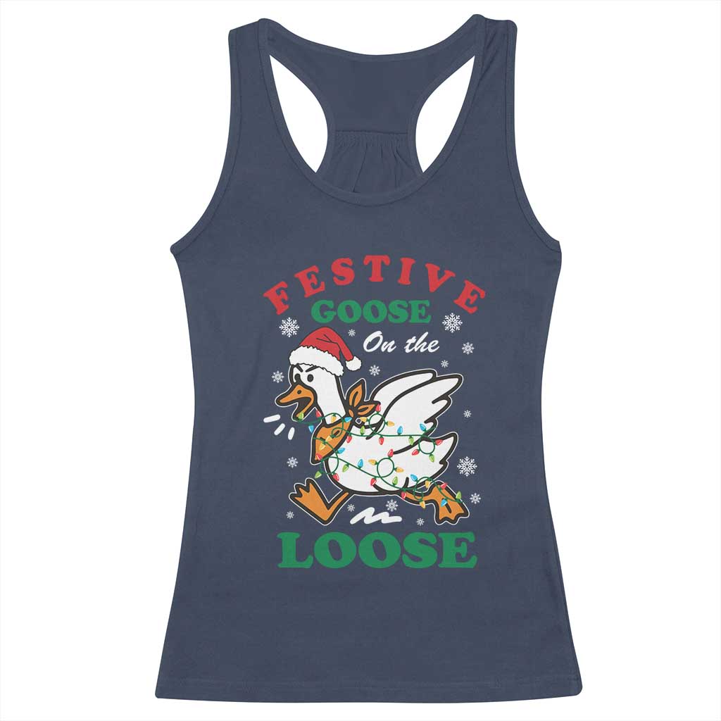 Funny Goose Christmas Racerback Tank Top Festive Goose On The Loose Xmas Holiday TS11 Navy Print Your Wear