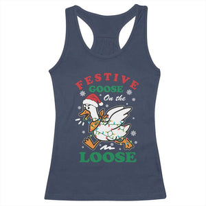 Funny Goose Christmas Racerback Tank Top Festive Goose On The Loose Xmas Holiday TS11 Navy Print Your Wear