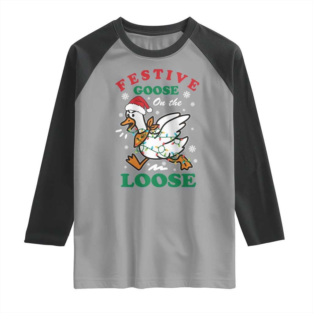 Funny Goose Christmas Raglan Shirt Festive Goose On The Loose Xmas Holiday TS11 Sport Gray Black Print Your Wear