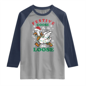 Funny Goose Christmas Raglan Shirt Festive Goose On The Loose Xmas Holiday TS11 Sport Gray Navy Print Your Wear