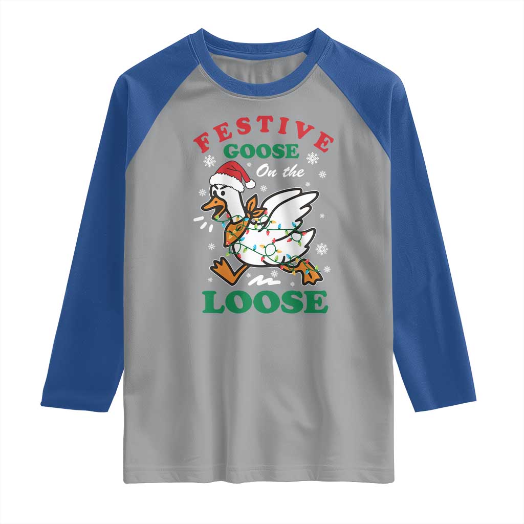 Funny Goose Christmas Raglan Shirt Festive Goose On The Loose Xmas Holiday TS11 Sport Gray Royal Print Your Wear