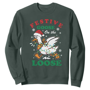 Funny Goose Christmas Sweatshirt Festive Goose On The Loose Xmas Holiday TS11 Dark Forest Green Print Your Wear