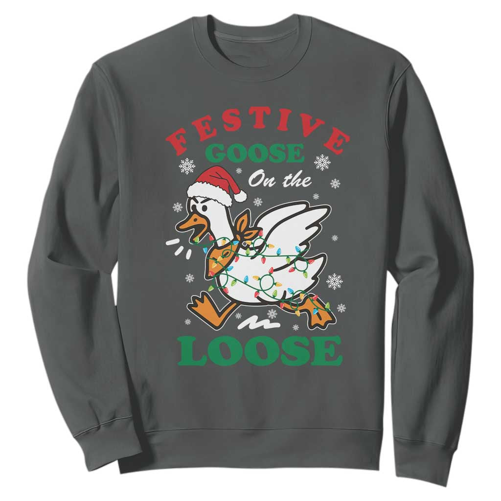 Funny Goose Christmas Sweatshirt Festive Goose On The Loose Xmas Holiday TS11 Dark Heather Print Your Wear
