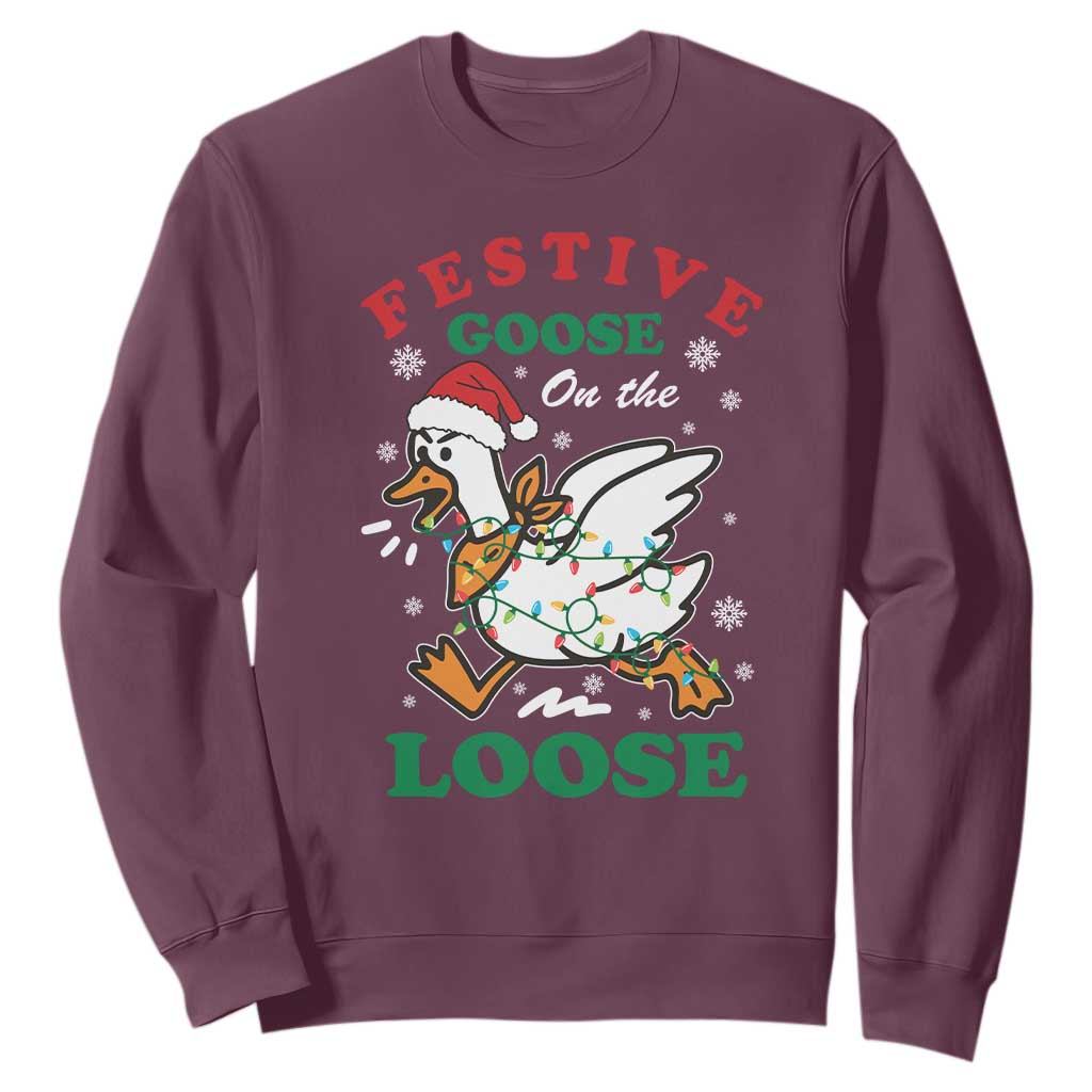 Funny Goose Christmas Sweatshirt Festive Goose On The Loose Xmas Holiday TS11 Maroon Print Your Wear