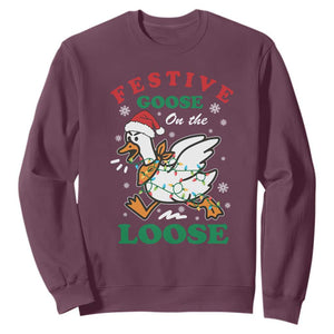 Funny Goose Christmas Sweatshirt Festive Goose On The Loose Xmas Holiday TS11 Maroon Print Your Wear