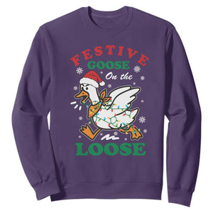 Funny Goose Christmas Sweatshirt Festive Goose On The Loose Xmas Holiday TS11 Purple Print Your Wear