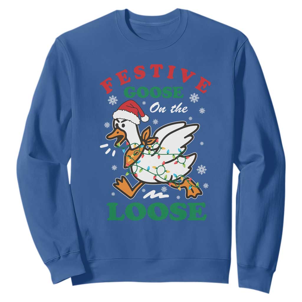 Funny Goose Christmas Sweatshirt Festive Goose On The Loose Xmas Holiday TS11 Royal Blue Print Your Wear