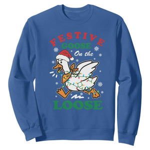 Funny Goose Christmas Sweatshirt Festive Goose On The Loose Xmas Holiday TS11 Royal Blue Print Your Wear