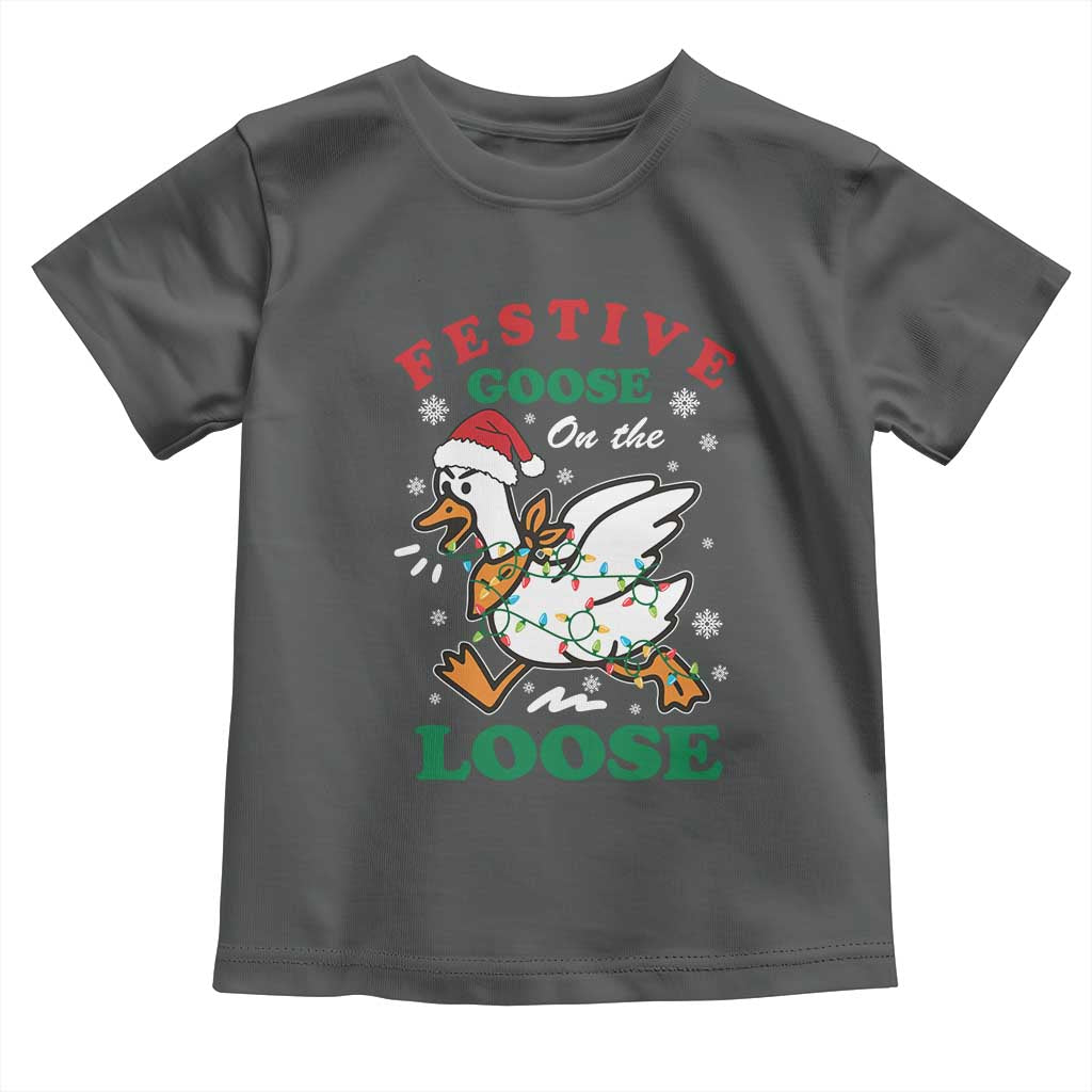 Funny Goose Christmas Toddler T Shirt Festive Goose On The Loose Xmas Holiday TS11 Dark Heather Print Your Wear