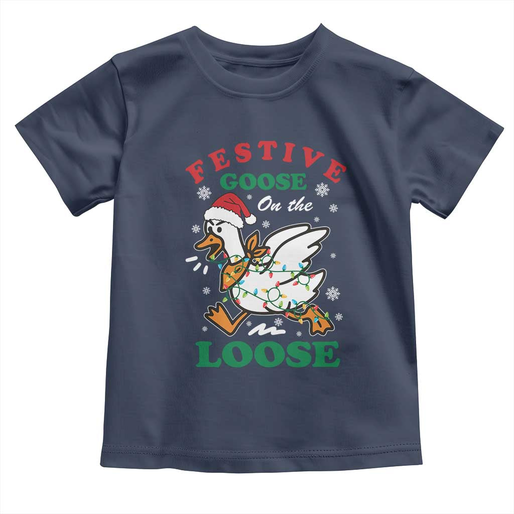Funny Goose Christmas Toddler T Shirt Festive Goose On The Loose Xmas Holiday TS11 Navy Print Your Wear
