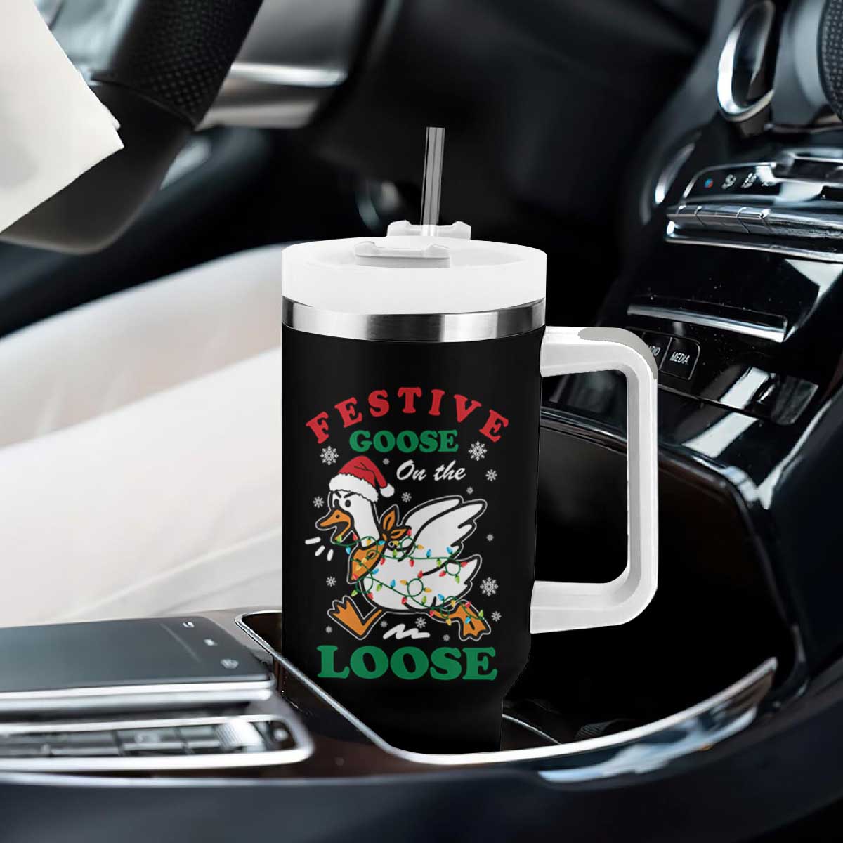 Funny Goose Christmas Tumbler With Handle Festive Goose On The Loose Xmas Holiday TS11 Print Your Wear