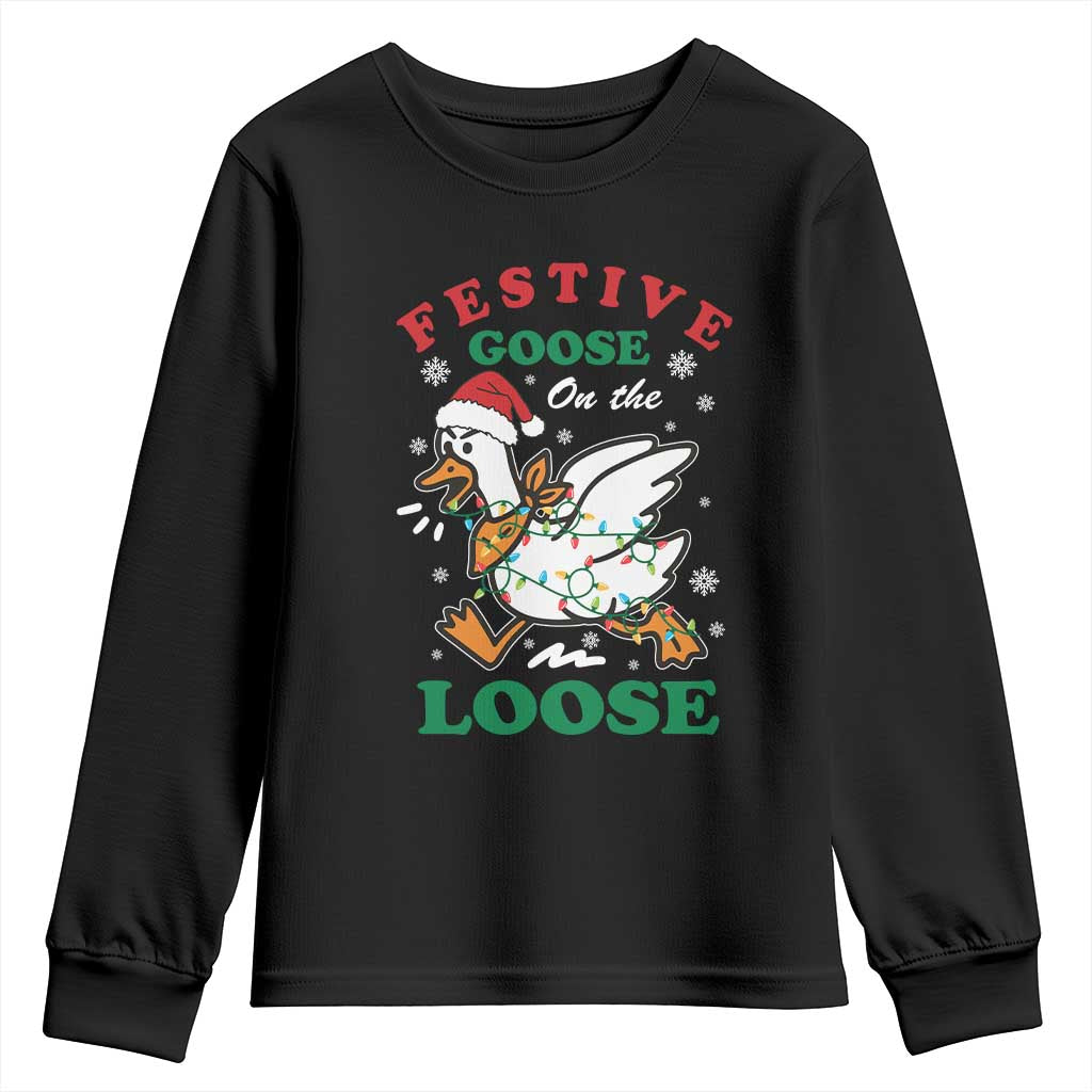 Funny Goose Christmas Youth Sweatshirt Festive Goose On The Loose Xmas Holiday TS11 Black Print Your Wear