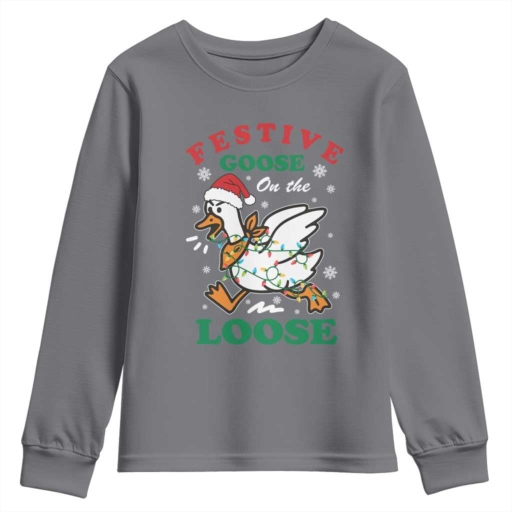 Funny Goose Christmas Youth Sweatshirt Festive Goose On The Loose Xmas Holiday TS11 Charcoal Print Your Wear
