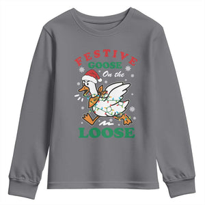 Funny Goose Christmas Youth Sweatshirt Festive Goose On The Loose Xmas Holiday TS11 Charcoal Print Your Wear