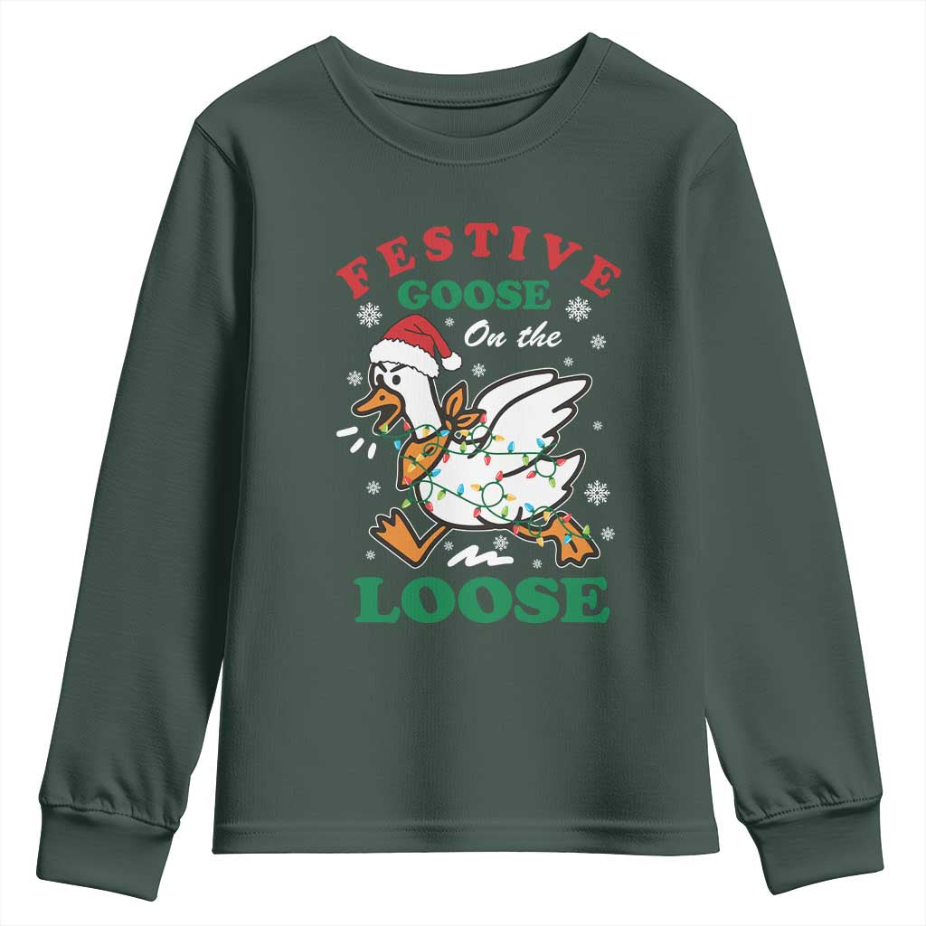 Funny Goose Christmas Youth Sweatshirt Festive Goose On The Loose Xmas Holiday TS11 Dark Forest Green Print Your Wear