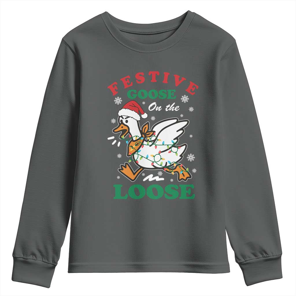 Funny Goose Christmas Youth Sweatshirt Festive Goose On The Loose Xmas Holiday TS11 Dark Heather Print Your Wear