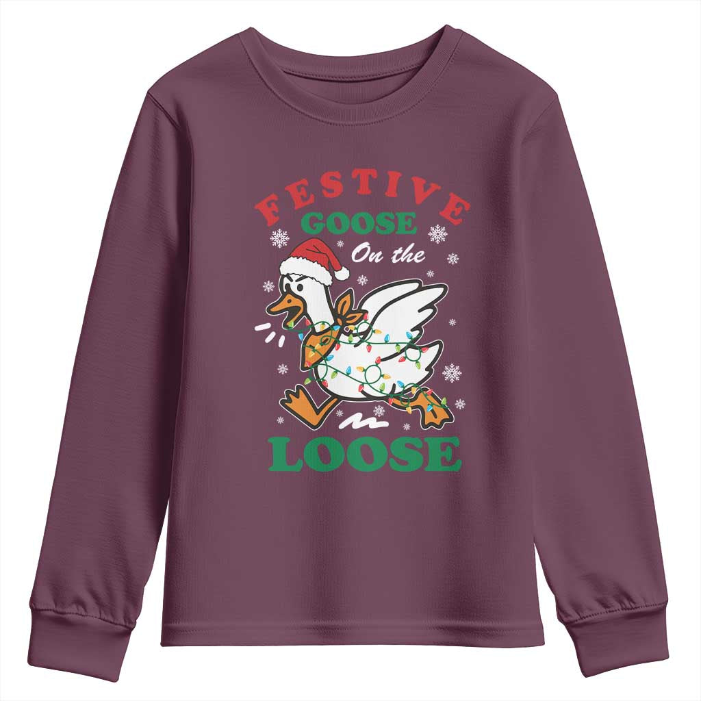 Funny Goose Christmas Youth Sweatshirt Festive Goose On The Loose Xmas Holiday TS11 Maroon Print Your Wear