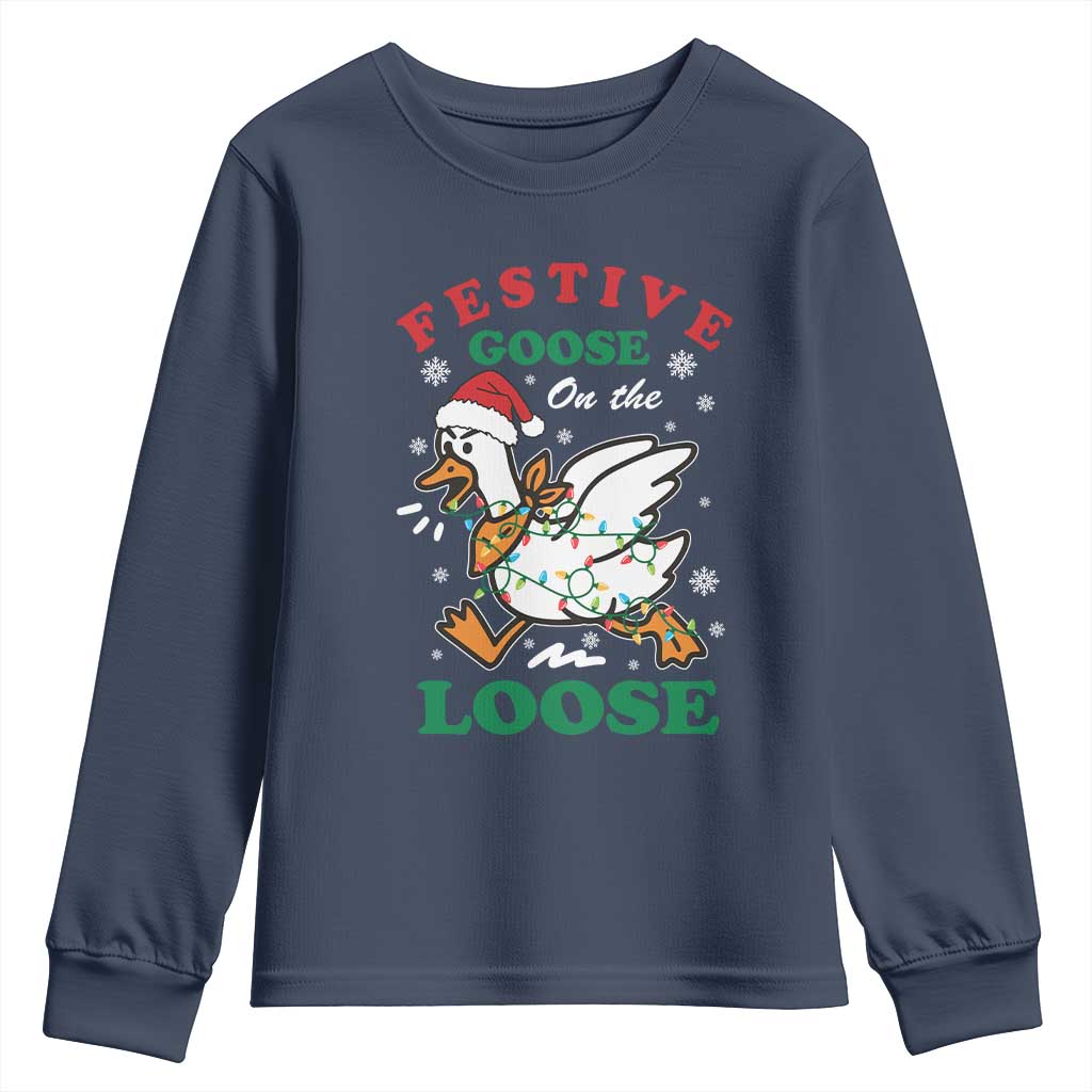 Funny Goose Christmas Youth Sweatshirt Festive Goose On The Loose Xmas Holiday TS11 Navy Print Your Wear