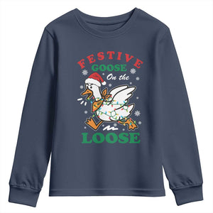 Funny Goose Christmas Youth Sweatshirt Festive Goose On The Loose Xmas Holiday TS11 Navy Print Your Wear