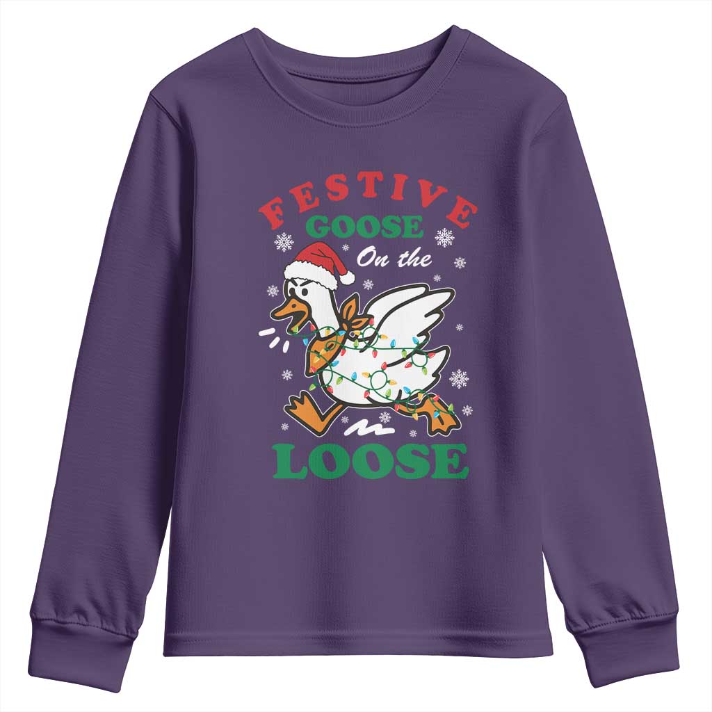 Funny Goose Christmas Youth Sweatshirt Festive Goose On The Loose Xmas Holiday TS11 Purple Print Your Wear
