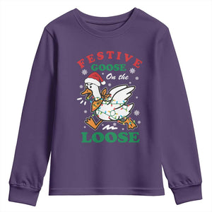 Funny Goose Christmas Youth Sweatshirt Festive Goose On The Loose Xmas Holiday TS11 Purple Print Your Wear