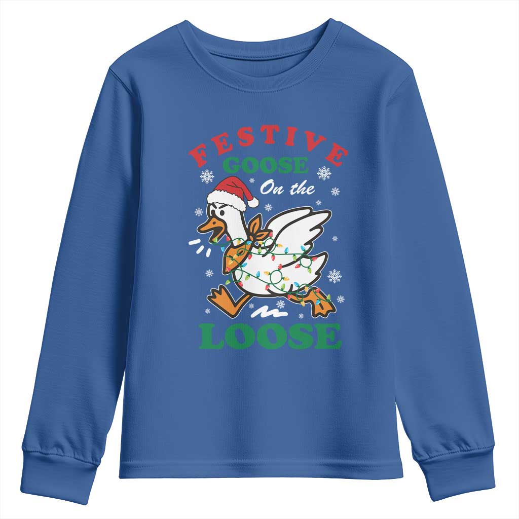Funny Goose Christmas Youth Sweatshirt Festive Goose On The Loose Xmas Holiday TS11 Royal Blue Print Your Wear