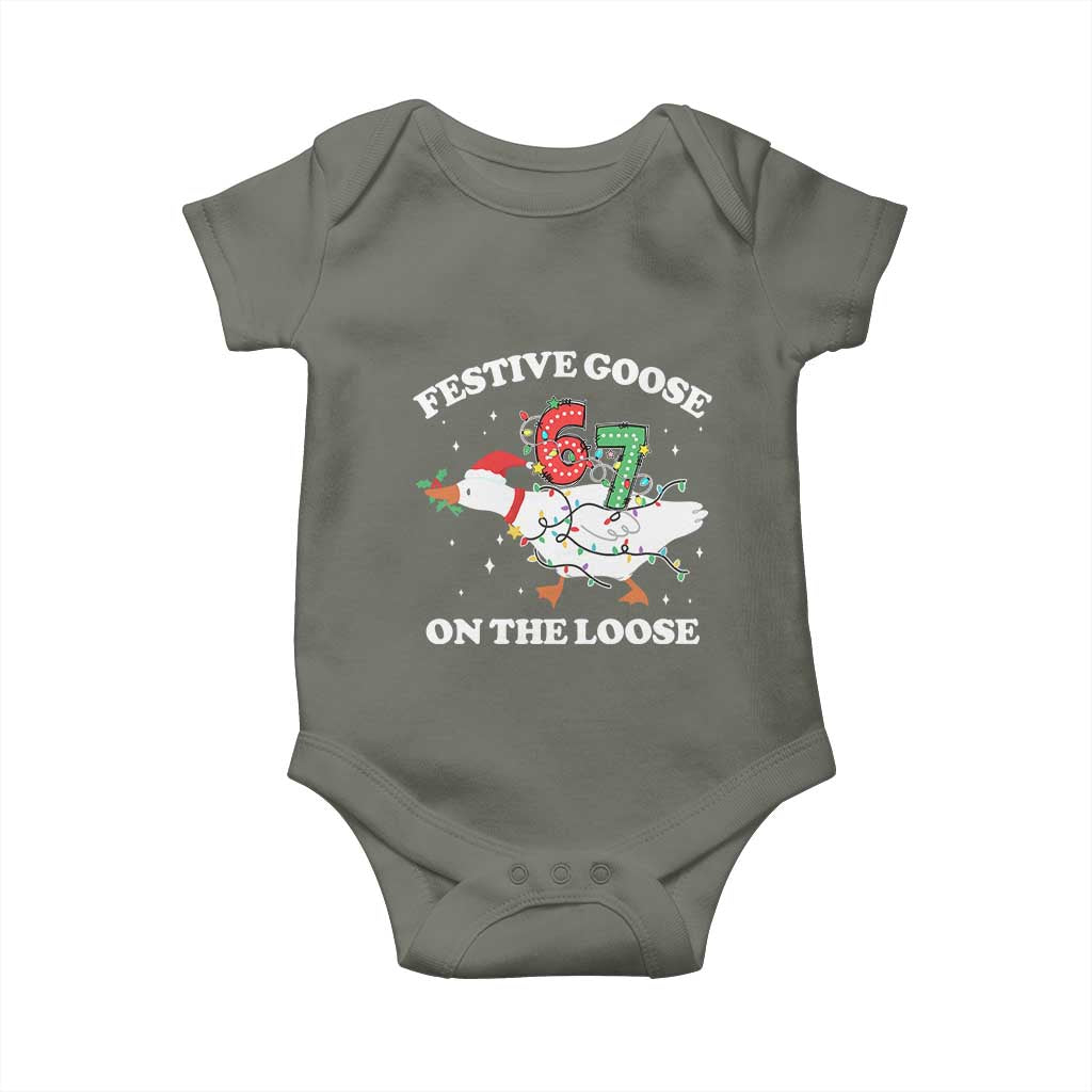 Funny Goose 67 Christmas Baby Onesie Festive Goose On The Loose Six Seven Meme TS11 Military Green Print Your Wear