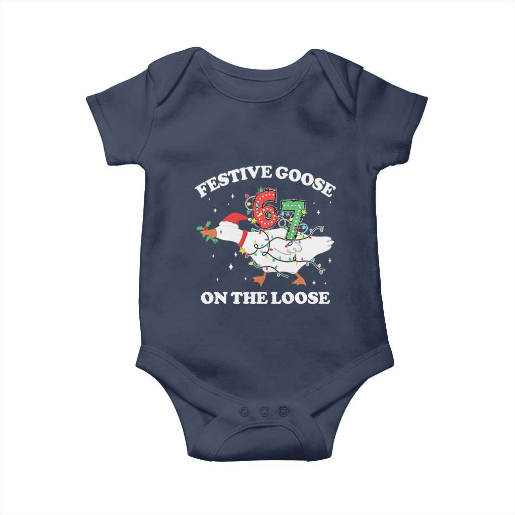 Funny Goose 67 Christmas Baby Onesie Festive Goose On The Loose Six Seven Meme TS11 Navy Print Your Wear