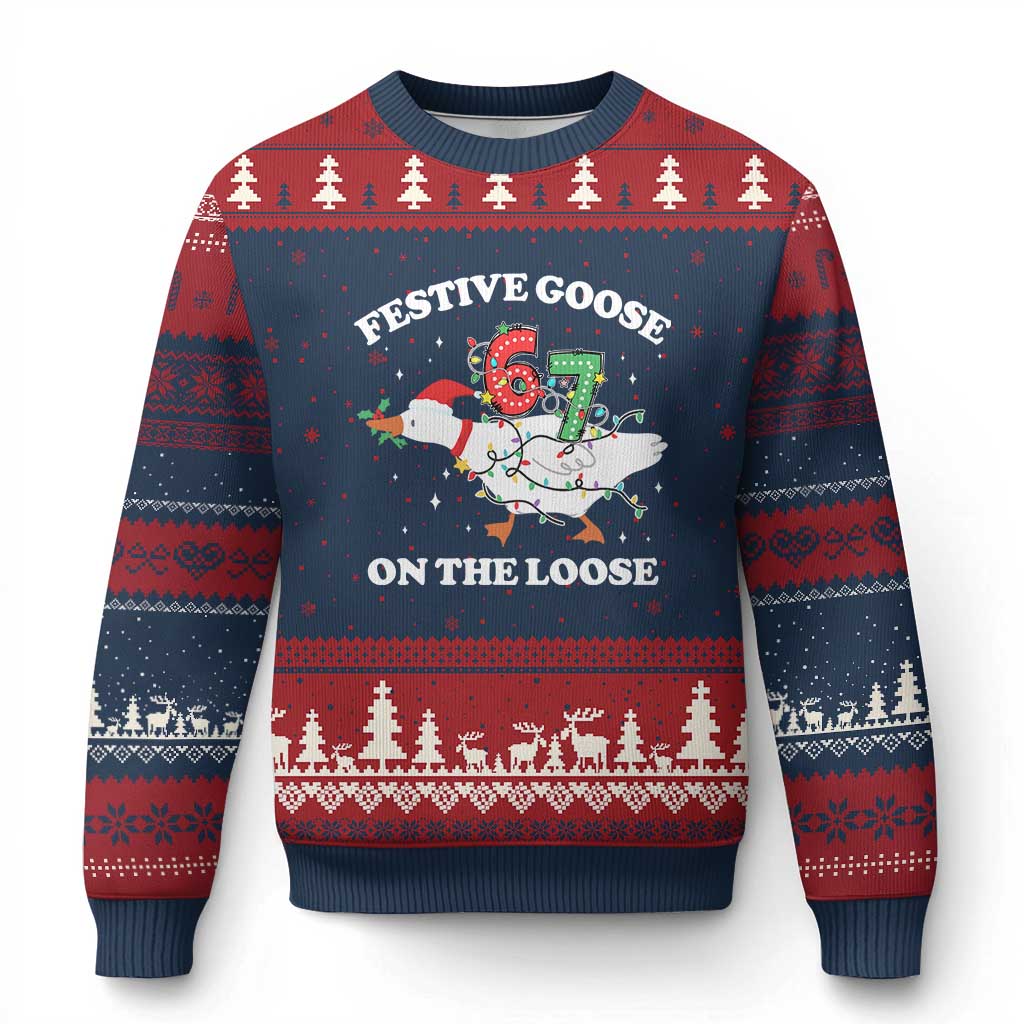 Funny Goose 67 Xmas Ugly Christmas Sweater Festive Goose On The Loose Six Seven Meme TS11 Navy Red Print Your Wear