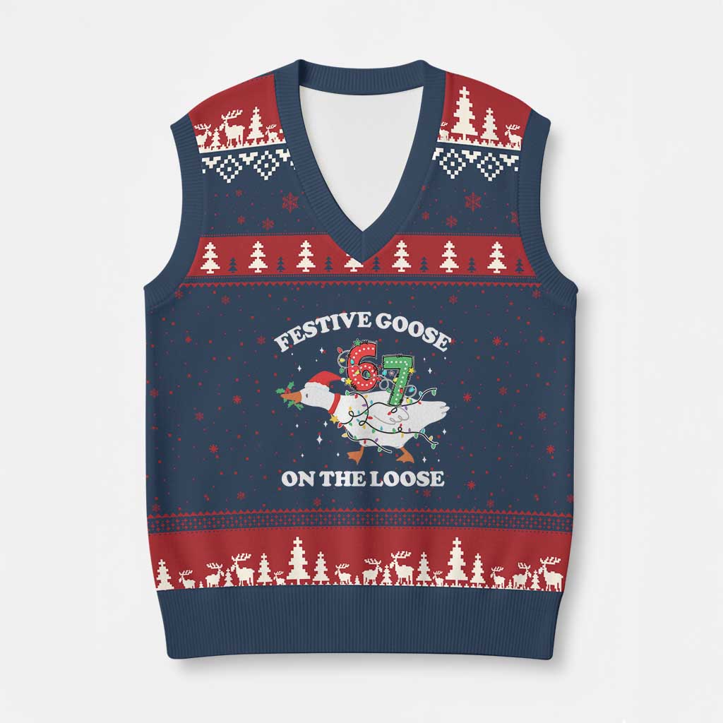 Funny Goose 67 Xmas V-Neck Knit Sweater Vest Festive Goose On The Loose Six Seven Meme TS11 Navy Red Print Your Wear