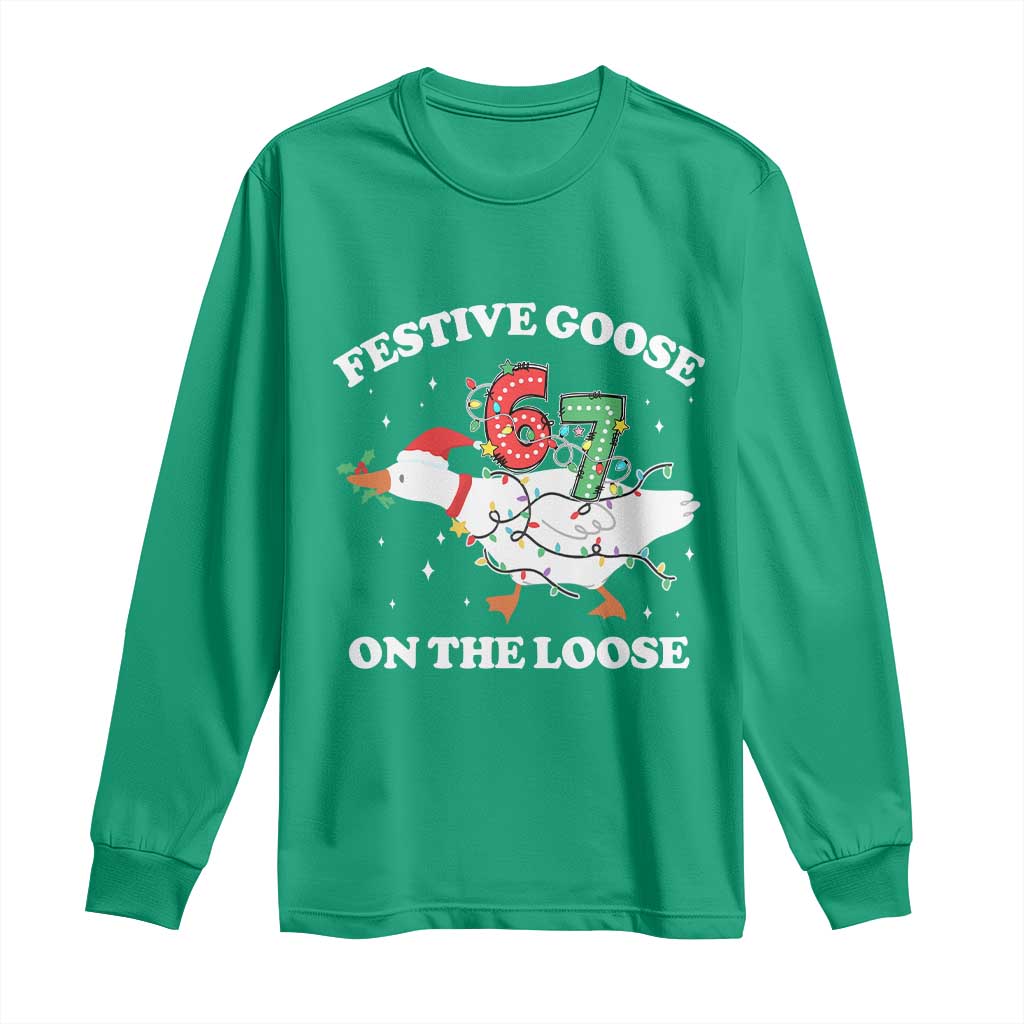 Funny Goose 67 Christmas Long Sleeve Shirt Festive Goose On The Loose Six Seven Meme TS11 Irish Green Print Your Wear