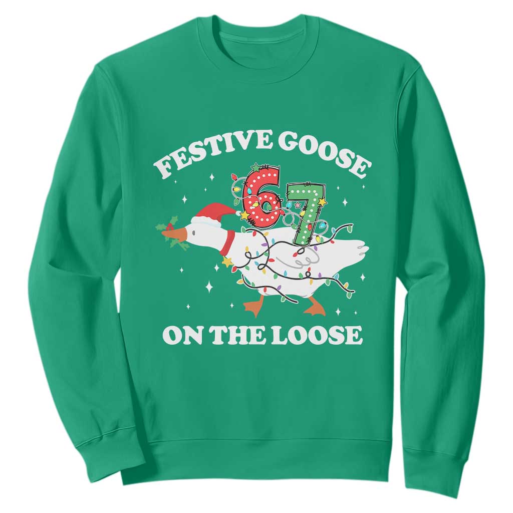 Funny Goose 67 Christmas Sweatshirt Festive Goose On The Loose Six Seven Meme TS11 Irish Green Print Your Wear