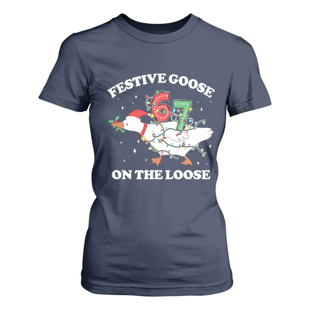 Funny Goose 67 Christmas T Shirt For Women Festive Goose On The Loose Six Seven Meme TS11 Navy Print Your Wear