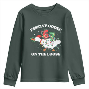 Funny Goose 67 Christmas Youth Sweatshirt Festive Goose On The Loose Six Seven Meme TS11 Dark Forest Green Print Your Wear